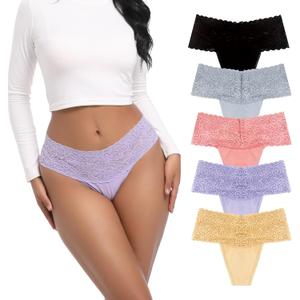 Retro Lace Thongs For Women Plus Size Breathable Seamless Cotton Panties Tummy Control High Waisted Underwear Pack 5 (Medium, Black+grey+nude+light Purple+pink)