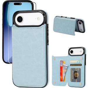 Compatible with iPhone 17 Air Wallet Case with Card Holder, PU Leather Kickstand Card Slots Case with Screen Protecor, Double Magnetic Clasp and Durable Shockproof Cover 6.6 "-Iceblue