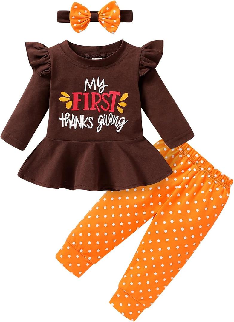 My First Thanksgiving Outfits Kids Toddler Baby Girls Ruffle Sleeve Shirt+Pants Set Fall Clothes (Brown)