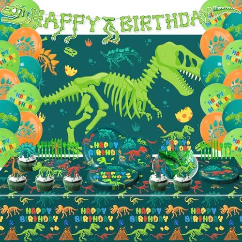 Dinosaur Birthday Decorations，Trex Party Decorations，Dinosaur Birthday Party Supplies，Set Include：Balloons,Backdrop,Banner, Cake Toppers，Plates And Napkins，Tableware, Tablecloth