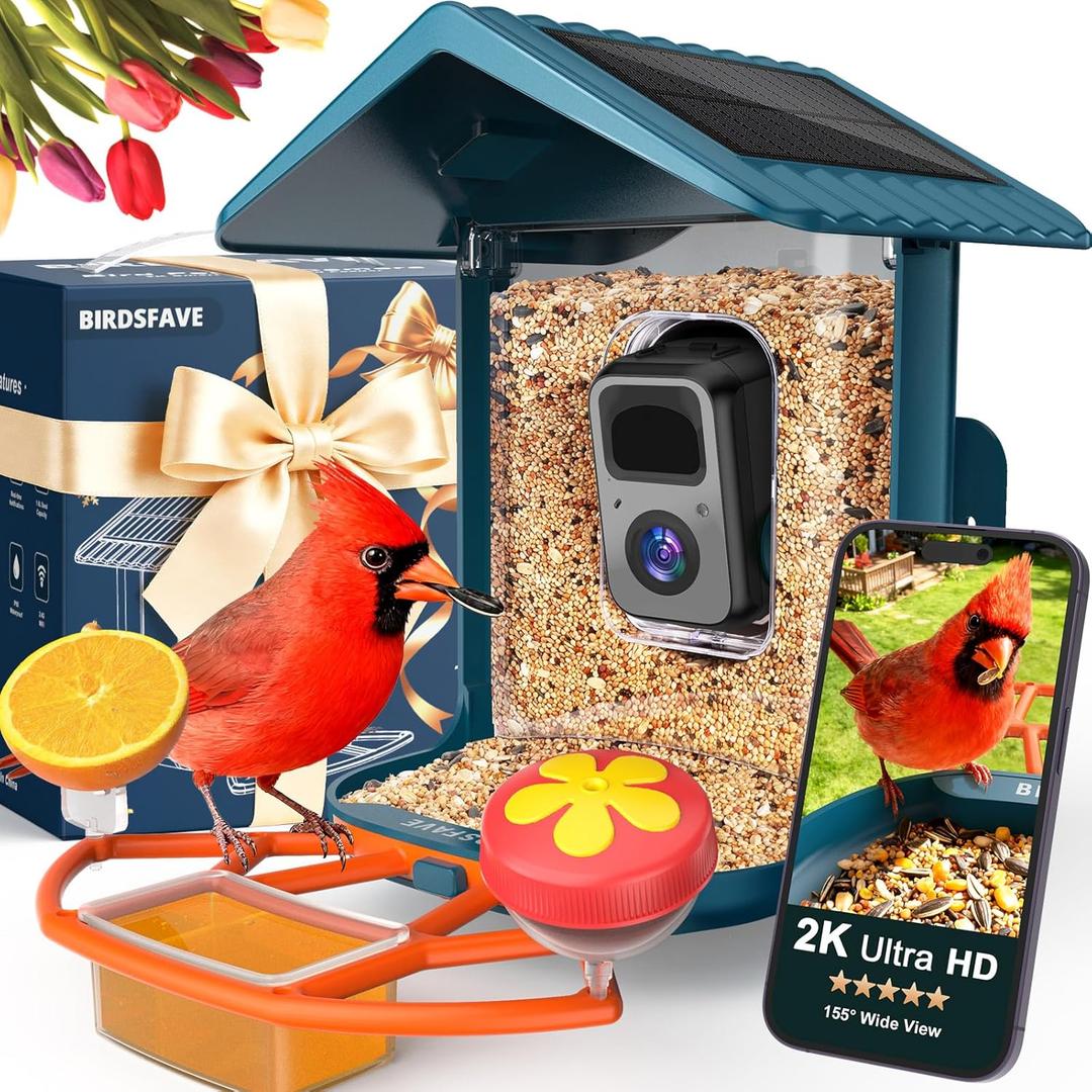 Bird Feeder with Camera Solar Powered, 2K Live Arrival Alert Auto Capture Video with 32GB TF Card, AI Identify Smart Camera Bird Feeder Ourdoor Backyard Gift for Mom Dad Birdlover, 2.4G WiFi