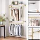 DR.IRON Gold Pipe Clothing Racks with 2 Tier Shelves, Wall Mounted Gold Clothes Rack with Double Hanging Rods Heavy Duty Garment Storage Rack Display Racks Rod for Clothes,Laundry Room