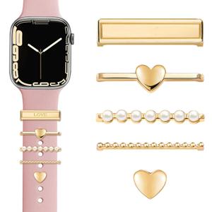 JR.DM Watch Band Charms with Decorative Bling Rings Loops, Compatible with Apple Watch 40mm 38mm 41mm 42mm 44mm 45mm 46mm Smart Watch Strap Accessories for iWatch Series 10 9 8 7 6 5 4 3 2 1 (Q-Pearl&Love Gold)