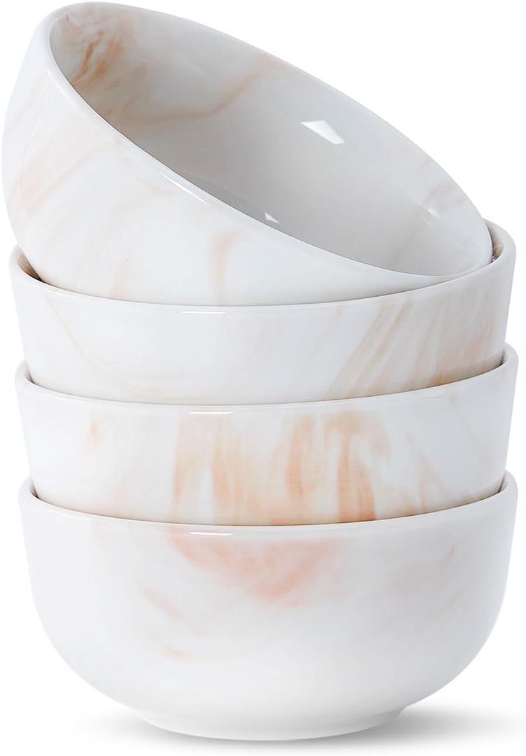 bestone 22 OZ Cereal Bowls Set of 4, 5.5 Inch Bowls Set of 4, Porcelain Round Cereal Bowl, Oatmeal Bowl, Fruit Bowl, Salad Bowl, Rice Bowl, Dishwasher, Microwave, Freezer, Oven Safe, Marble Orange (orange and white)