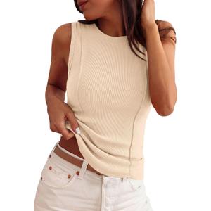 PRETTYGARDEN Sleeveless Tops for Women 2026 Summer Ribbed Tank Top Fitted Shirts Basic Tees Cute Spring Going Out Y2k Clothes (Beige, M)