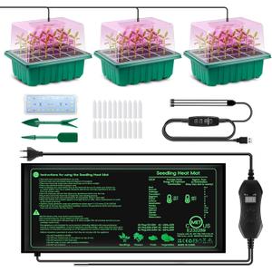Verdenu 3PK Seed Starter Tray with Grow Lights and Tempe-Control Heat Mat, 36-Cell Large Seedling Starter Kit with Humidity Dome, Adjustable LED Lighting for Seed Germination,Temperature Adjustable