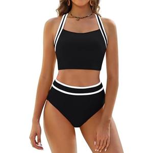 BMJL Women's High Waisted Bikini Sets Two Piece Swimsuits Sporty Tummy Control Bathing Suit Color Block Swim Suit L