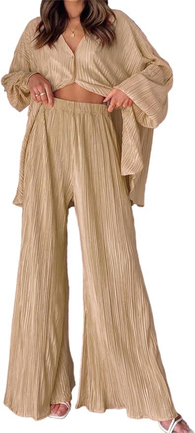 Vacation Outfits for Women 2 Piece Textured Fall Sets Button Down Shirt and Long Pants Set Summer Outfits 2025
 Size XL