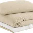 EMME Cotton Muslin Duvet Cover Set Queen Size Linen Like Soft Breathable Lightweight Summer Comforter Cover Set with Zipper Closure (Light Tan&White, Queen, 90"x90")