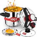 3-In-1 304 Stainless Steel Pressure Cooker 10 Quart: [3 PSI Settings], One-Hand Locking, Induction Compatible, Glass Lid & Steamer Rack Included, Olla de Presion