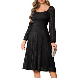 Bbonlinedress Women Formal Wedding Guest Dress Square Neck Lace Bridesmaid Long Sleeve A-Line Midi Cocktail Dress (S)