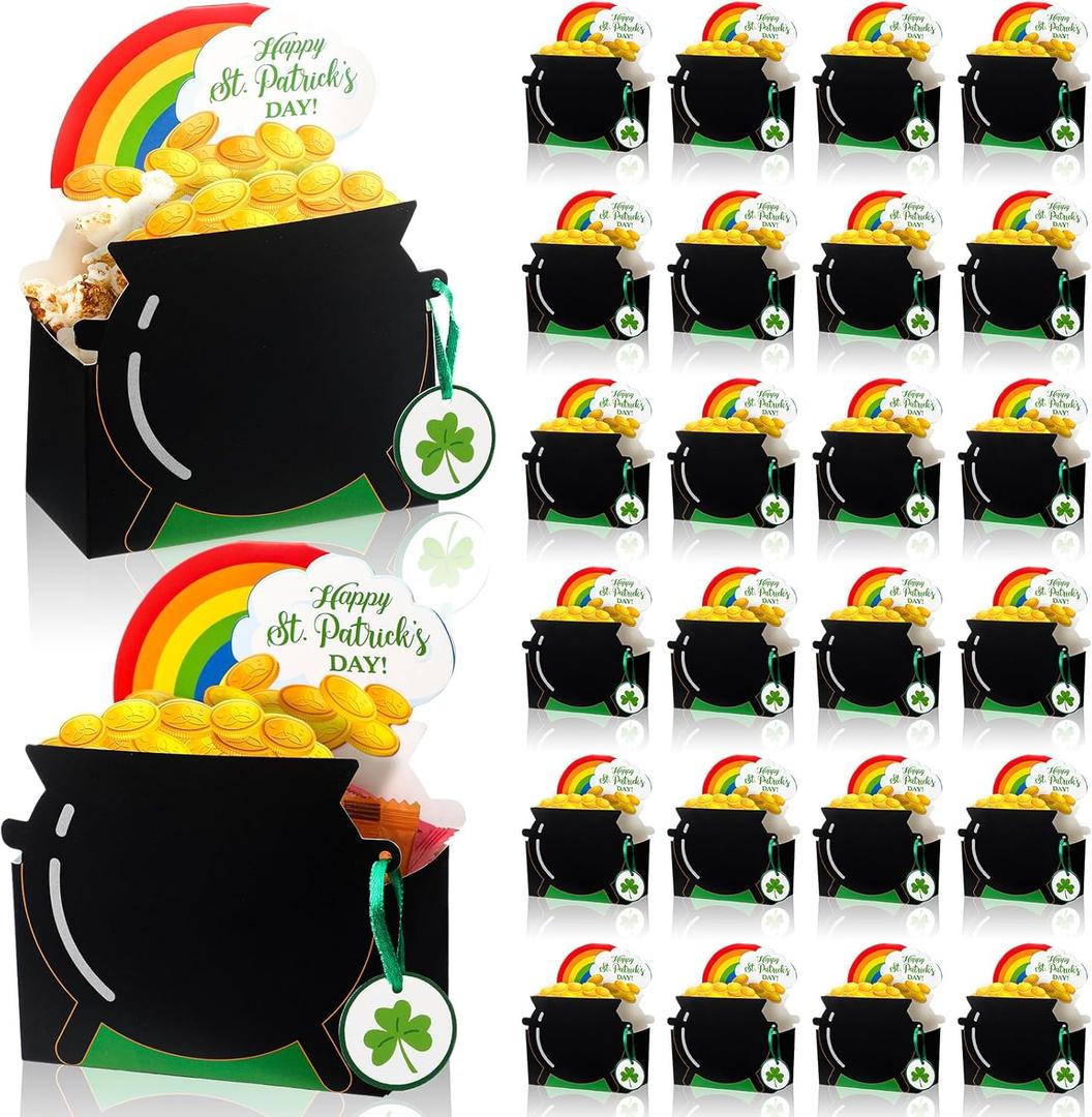 Dunzoom 24 Pcs St. Patrick's Day Treat Boxes Saint Patty's Popcorn Candy Boxes with Ribbon and Shamrock Tag Irish Elf Golden Coin Pot Treat Containers St. Patrick's Day Party Activity Gift Favor Decor