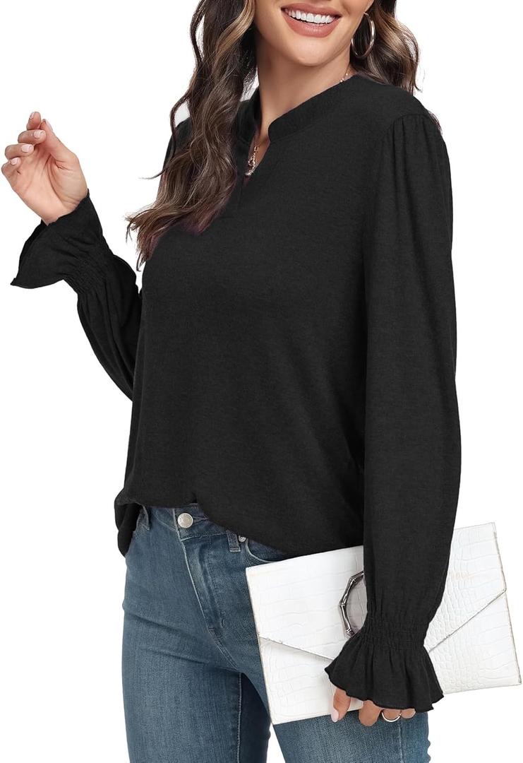 Women's Fashion Long Sleeve Tunic top Casual Loose Diamond V Neck Daily Work Shirts (Black, M)
