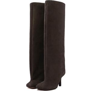 Women's Knee High Suede Boots for Women Wide Calf Square Toe Stiletto Heels Tall Boots Pull On High Heel Long Booties (Brown) Size 8