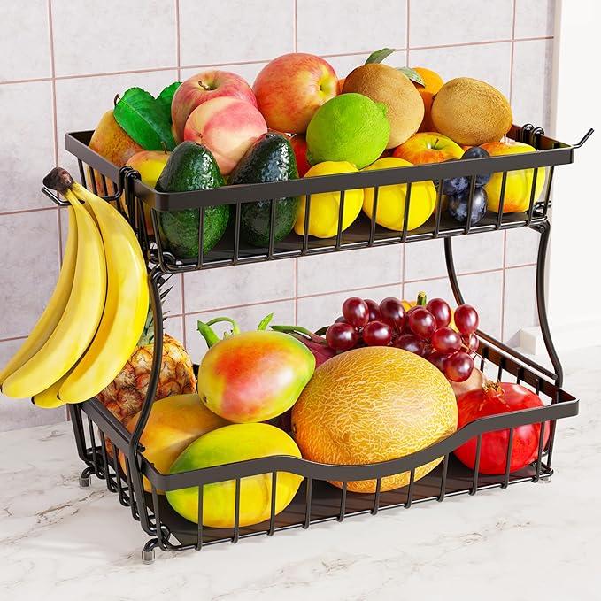 Zurklulu Large 2 Tier Fruit Basket for Kitchen Counter with 2 Banana Hangers, Metal Fruit Bowl with Protection Mats for Vegetable Bread Snack, Black