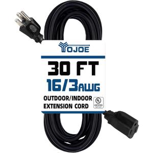 YOJOE Indoor Outdoor Extension Cord, 3 Prong 13A Weatherproof Power Cord, 16 Gauge Heavy Duty 30 ft Black Extension Cord for Garage, Garden and Home, 16/3 SJTW UL Listed