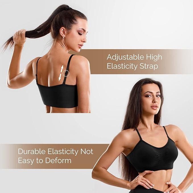 Omisy 2 Pieces V Neck Padded Bralette Cami Bra Wireless Tank Top Sports Bra with Adjustable Straps- Black, White, L