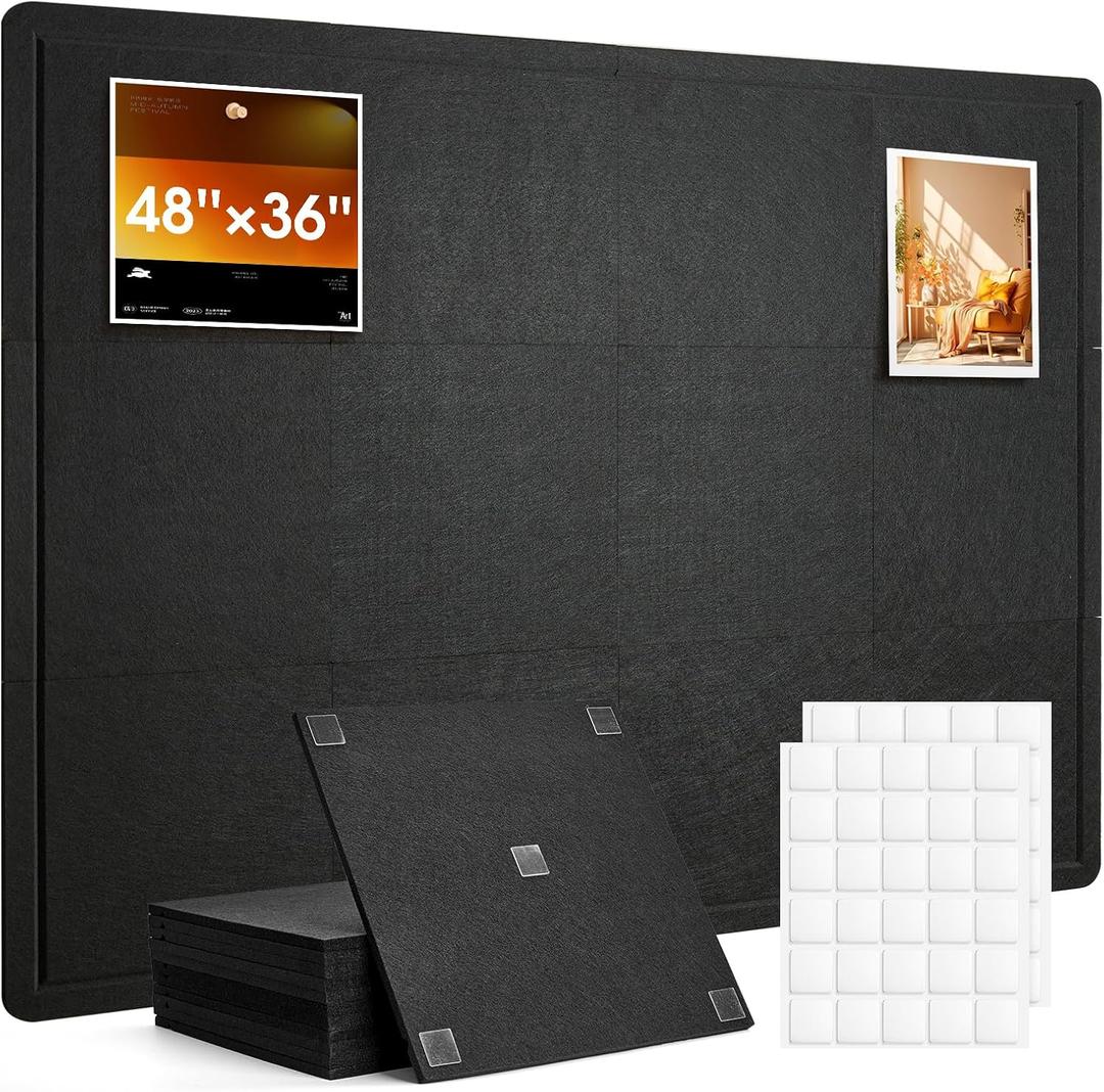 Bulletin Board, 48 x 36 inches Cork Board Alternative, 12 Pack 12"X12"X0.4" Felt Pin Boards for Walls Home Office Decor, Classroom with 60 Adhesive Tabs Black