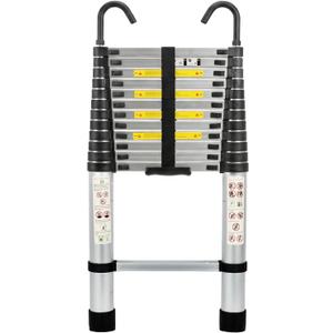 Telescoping Ladder 12.5 FT | Aluminum Lightweight Extension Ladder with Stable Hooks | Heavy Duty 330lbs Max Capacity Multi-Purpose Telescopic Collapsible Ladder for Home, RV or Outdoor Work