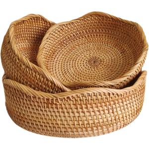 Rattan Bread Basket, Hand Woven Fruit Basket, Wicker Serving Basket Bowl, Decorative Baskets for Kitchen Counter Organizing, Set of 3 (Wave)