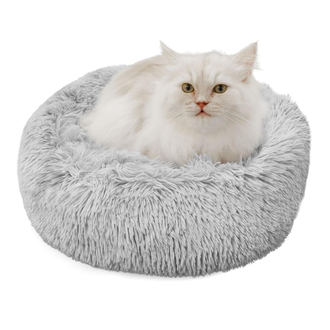 Dog Beds for Small Dogs Round Cat Beds for Indoor Cats Pet Bed for Puppy and Kitten with Slip-Resistant Bottom Plush Donut Cat Bed, Light Grey (XS-38cm Light Grey)