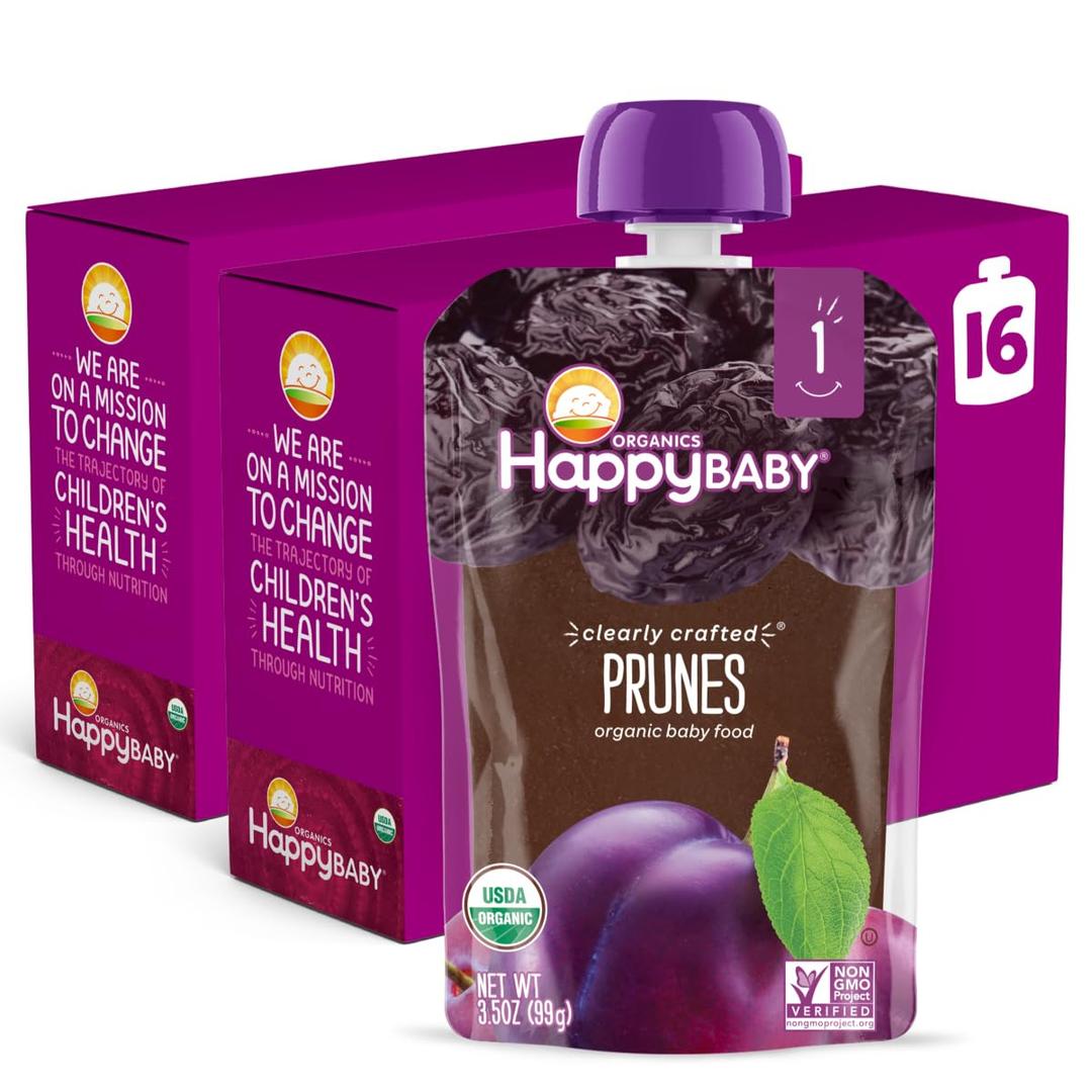 Happy Baby Organics Clearly Crafted Stage 1 Baby Food Pouches, Prunes, 3.5 Ounce Pouch (Pack of 16) (EXP 05/11/27)
