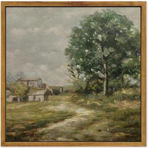 KUVIOKE Vintage Framed Landscape Canvas Wall Art Country Road Classic Wall Prints Modern Farmhouse Bathroom Hallways Kitchens Office Decor - 12"x12" Natural Framed
