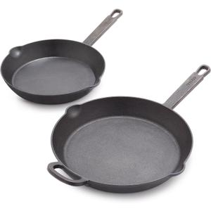 GreenPan x Bobby Flay Cast Iron Pre-Seasoned 8 & 10 Frying Pan Skillet Set, Professional Grade Heavy Duty, Pour Spouts, Induction Versatile Stovetop, Oven, BBQ Fire Grill, Indoor & Outdoor Use,Black (8" and 10" Skillet Set)