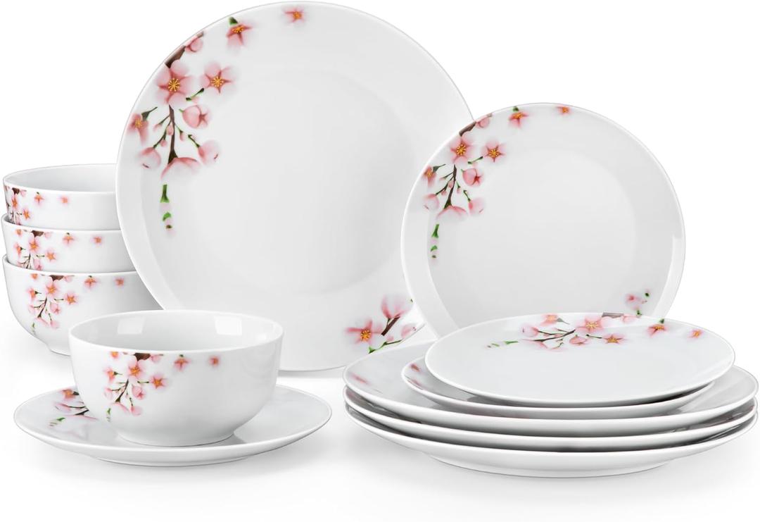 VEWEET Porcelain Dinnerware Sets for 4, 12 Pieces Plates and Bowls Set with Pink Floral, Kitchen Dishes Set Dining Ware for Family, Microwave and Dishwasher Safe, Series Annie