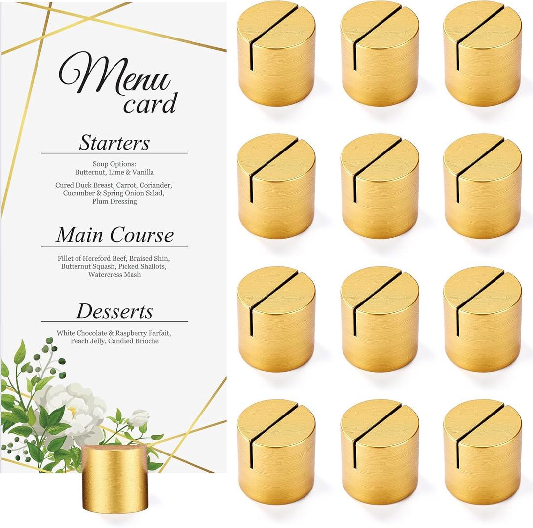 Affrolling 12 Pcs Gold Place Card Holders Wooden Table Number Holders Bulk Mini Cylinder Table Stand for Name Cards Photo Picture Menu Tag Display Wedding Birthday Party Banquet Restaurant