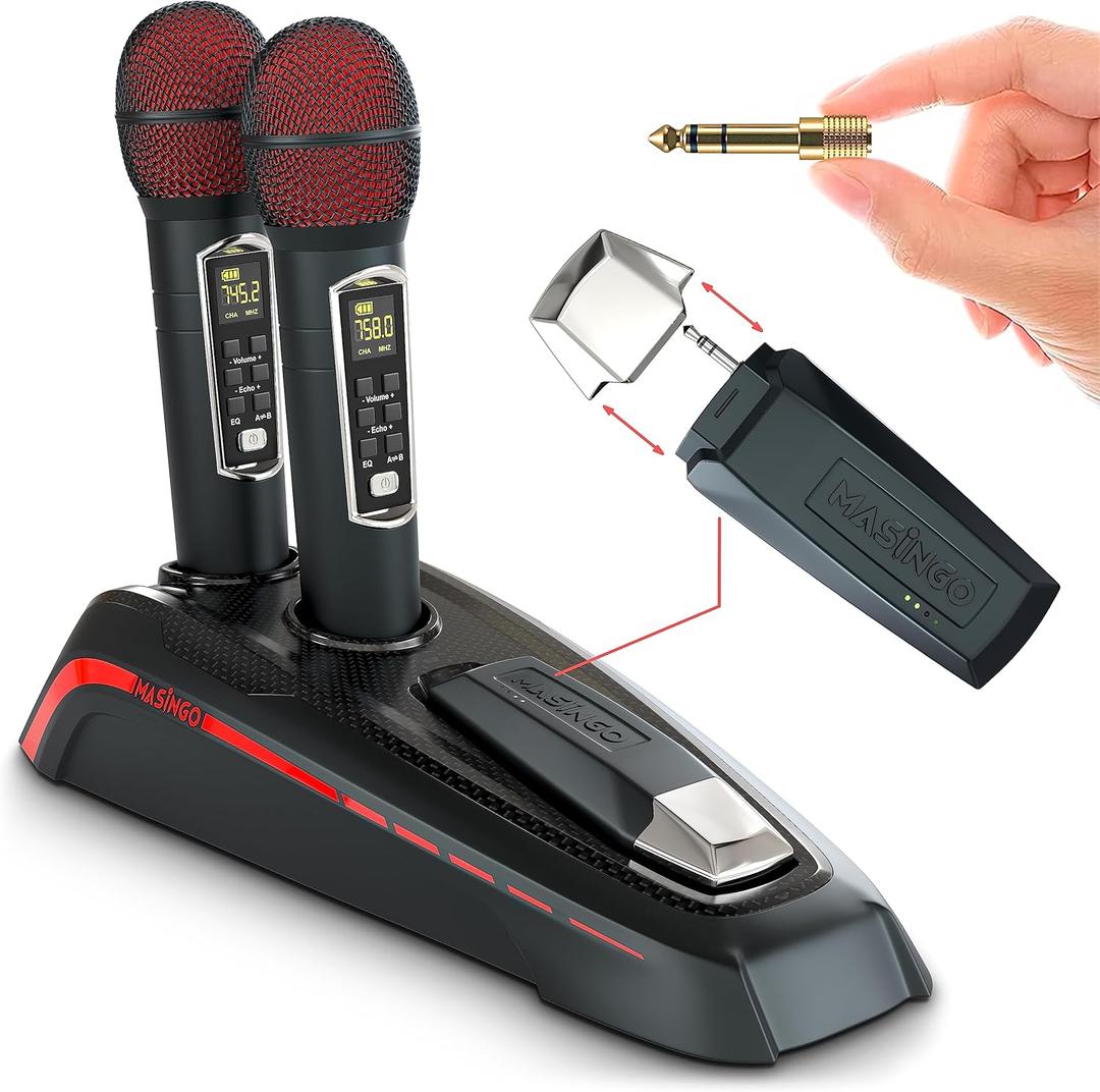 MASINGO 2 Wireless Karaoke Microphones, Integrated Bluetooth Receiver - Connects Mics and Smartphone to Any Speaker with AUX/Mic Input - Includes Singer Vocal Removal Mode + Charging Base - A12