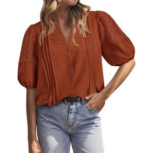BTFBM Women's Lace Puff Sleeve Tops 2025 Summer V Neck Casual Button Down Shirts Loose Dressy Work Business Blouse Top, Medium