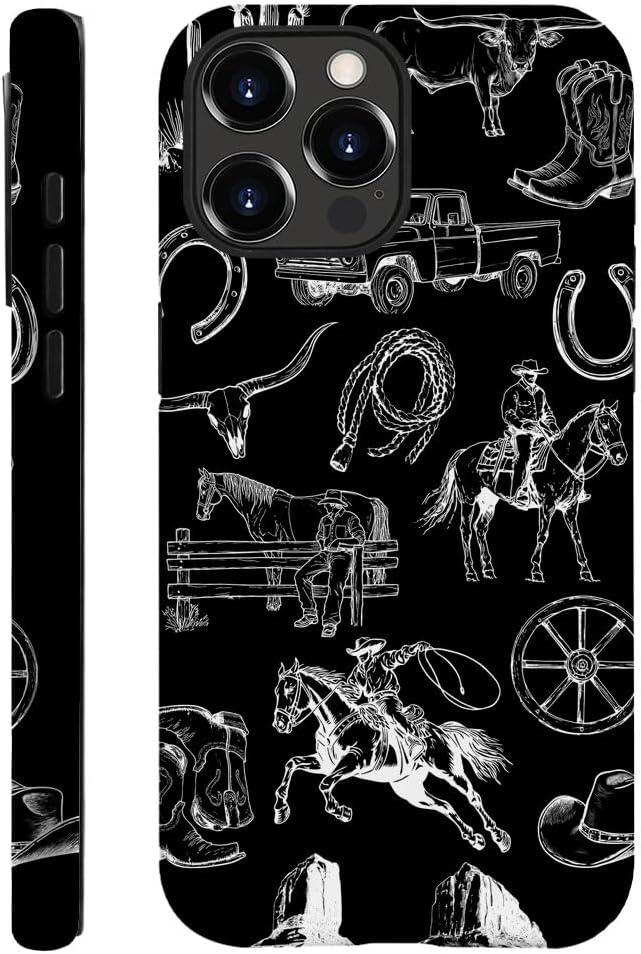 DAIZAG Case Compatible with iPhone 15 Pro,Fit Shockproof Cover for Women Girls,Cowboy Collage Horse Cow Cactus Black