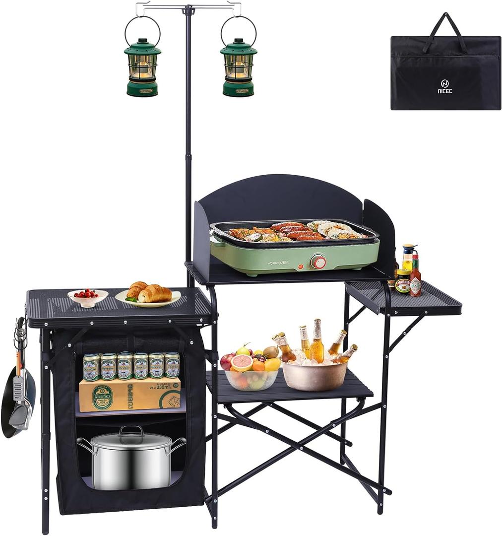 Nice C Camping Kitchen Table Station, Portable Folding Grill Table (Black), 56.9"-72" x 15.8" x 27.8"
