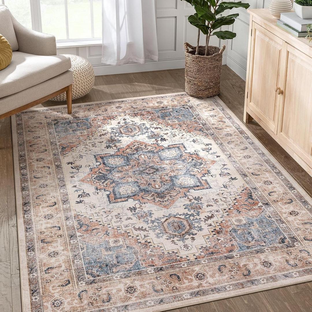 Washable Rug 6x9 Area Rugs: Boho Vintage Distressed Oriental Medallion Neutral Thin Large Rug Carpet for Living Room Bedroom Dining Room Home Office Decor - Camel