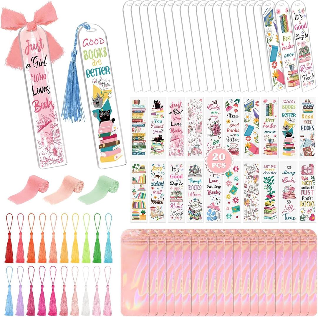 83PCS Bookmark Making Kit, 20 Acrylic Bookmark Blanks(3mm Thick) with 20Pcs Book Lover UV DTF Sticker 20Pcs Tassels and 3 Rolls Chiffon Silk Ribbon, Clear Acrylic Bookmarks Set for DIY Crafts Gifts
