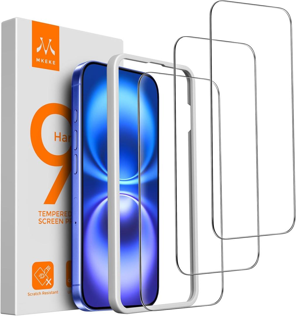 Mkeke 3 Pack Screen Protector for iPhone 16/ iPhone 15 6.1", [9H+ Tempered Glass] [Easy Installation Frame][Military-Grade Drop Protection] HD Clear, Anti-Scratch, Bubble Free