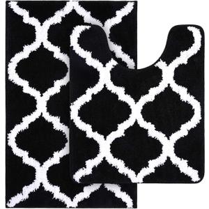 OLANLY Bathroom Rugs Set 2 Piece, Microfiber Bath Shower Mat and U-Shaped Toilet Rug, Machine Wash Dry, Non-Slip Absorbent Shaggy Bath Mats for Tub, Shower and Bathroom (24"x16"+24"x20", Black)