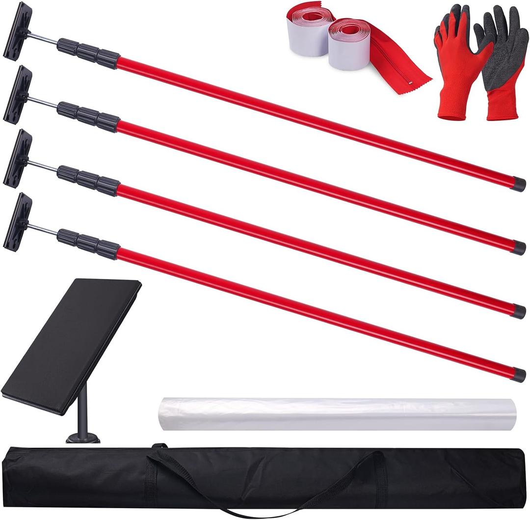 10FT Dust Barrier Poles Kit with Plastic Sheeting (32.8x13.1FT), 2 Heavy-Duty Zippers & Gloves – Telescoping Poles for Temporary Dust Barrier System, Home Renovation & Construction (4PCS)