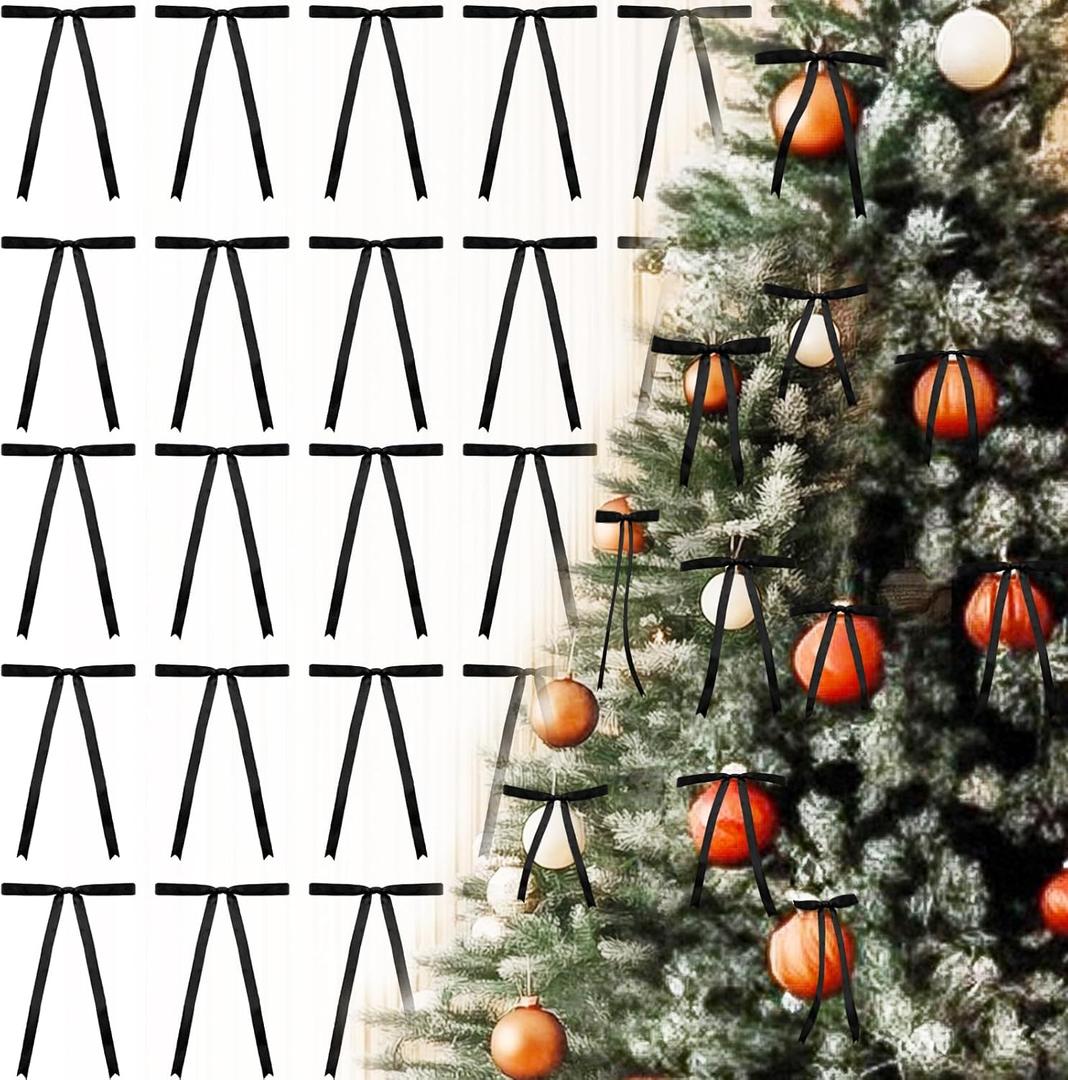 Satin Ribbon Bows Christmas Tree Twist Tie Bows Xmas Ornaments 50 Pcs Black Ribbon Bows Christmas Bows Twist Tie Bow Christma Tree Garland Wreath Gift Wrapping Indoor Xmas Decor