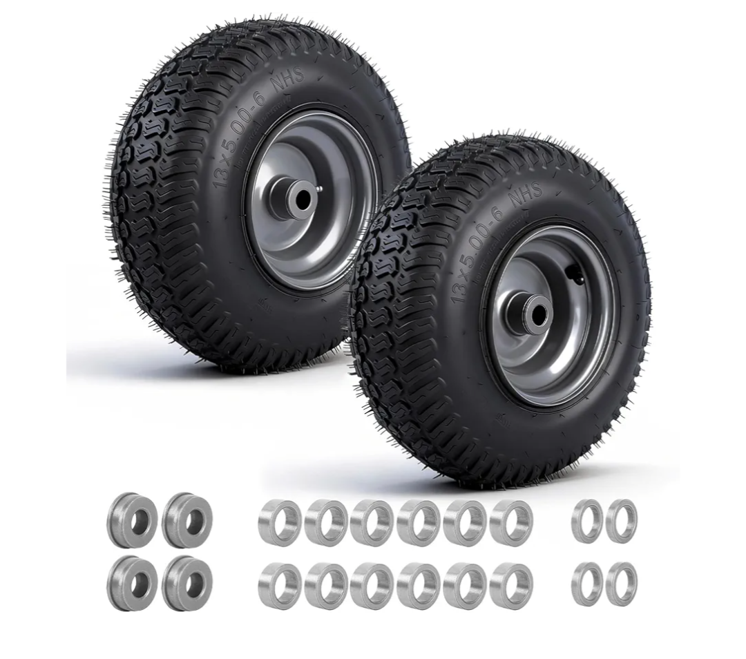 (2 Pack)13x5-6 Tubeless Riding Mower Tire and Wheel,Tubeless,3/4" and 5/8" Bushings, 3-5" Centered Hub,Compatible with Riding Mowers and Garden Tractors