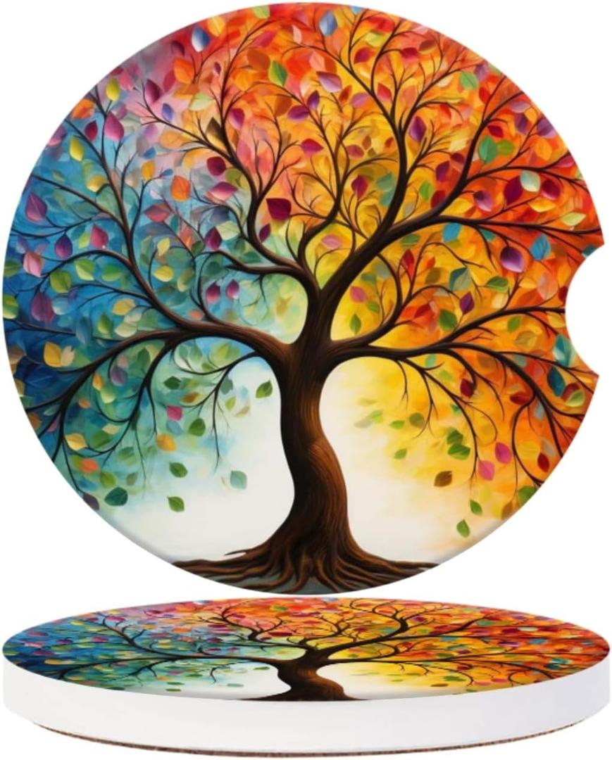 Cup Holder for Car,Tree of Life with Leaves Ceramic Coasters Non-Slip Cup Holder Insert with Fingertip Grip, Auto Interior Accessories for Women & Men,Pack of 2, 2.56In