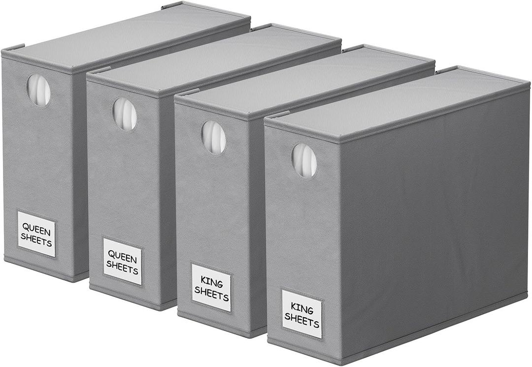 SpaceAid 4 Pack Bed Sheet Organizers and Storage, Foldable Organizer for Linen Closet, Sheets Set Folder Keeper with Window XL (Queen & King Size) Organizing Bedding Container, Gray 91ZDSN-SL01-G4