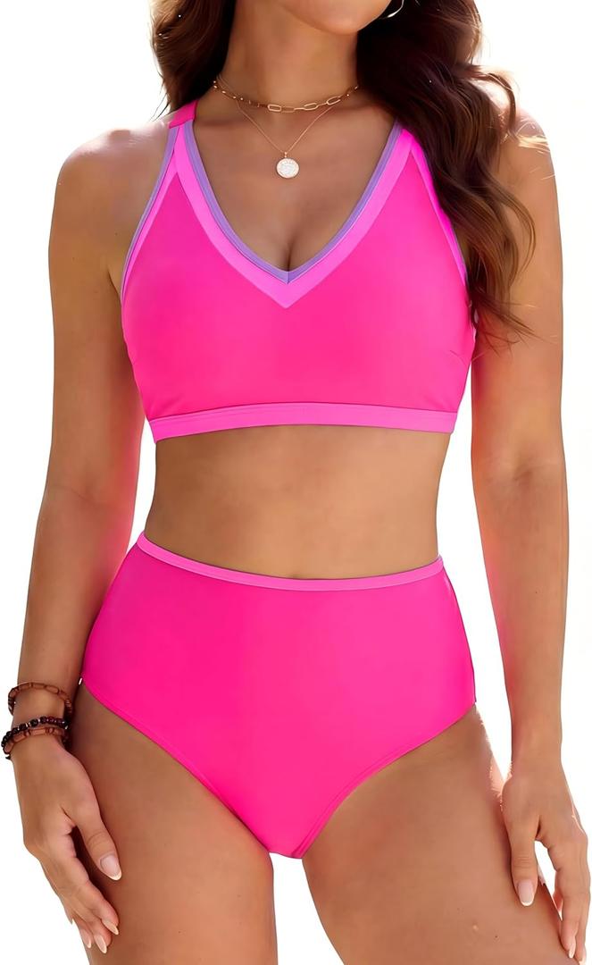 BMJL High Waisted Bikini Sets for Women Sporty Two Piece Tummy Control Swimsuits Beach Swim Suit 2025 (Small, Hot Pink06)
