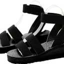 Women's Elastic Ankle Strap Platform Sandals Summer Open Toe Wedge Sandals Fashionable Beach Gladiator Sandals (8, Black)