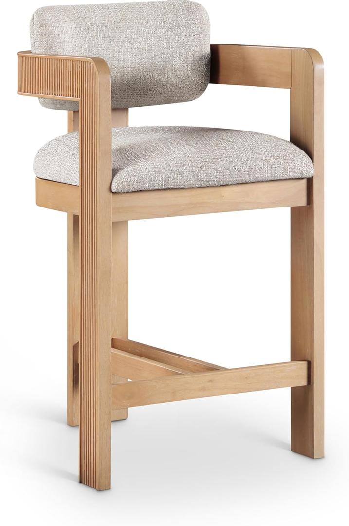 Meridian Furniture 11074Beige-C Sacha Collection Art Deco Counter Stool with Rich Beige Polyester Linen Textured Fabric, Two Tone Weave, Solid Wood Natural Finish, 20.5" W x 21" D x 37.5" H, Beige