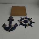 2 Pack 11" Nautical Beach Wooden Ship Wheel and 13" Wooden Anchor with Rope Nautical Boat Steering Wheel Rudder Anchor Wall Art Decor Door Hanging Ornament Beach Theme Home Decoration(Blue)