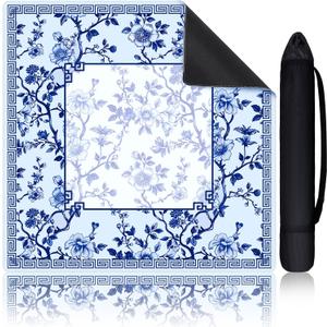 Chinoiserie Mahjong Mat with 1 Carrying Bag 31.5" x 31.5" Blue and White Rubber Anti Slip and Noise Reduction Multi Purpose Game Table Cover for Card, Board Tile Games
