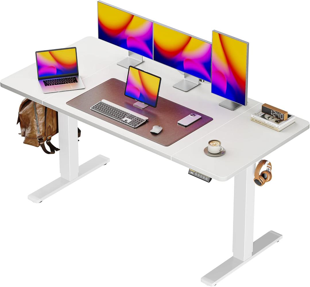 Huuger 55 x 28 Large Electric Standing Desk, Height Adjustable Copmuter Desk, 27.6" Deep Desktop, Stand up Gaming Office Table with 2 Hooks, 3 Preset Heights, for Home Office, White