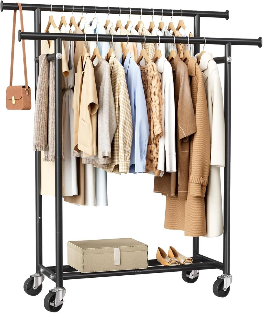 HYSEYY Clothes Rack, Double Rods Rolling Clothing Rack for Hanging Clothes, Portable Garment Rack with Wheels, Coat Rack Wardrobe Closet Load 240 LBS for Bedroom Laundry Room, Black